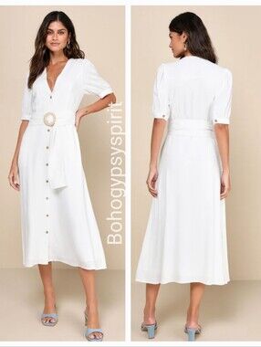 $69 Lulus Small White Button Down Midi Dress With Belt